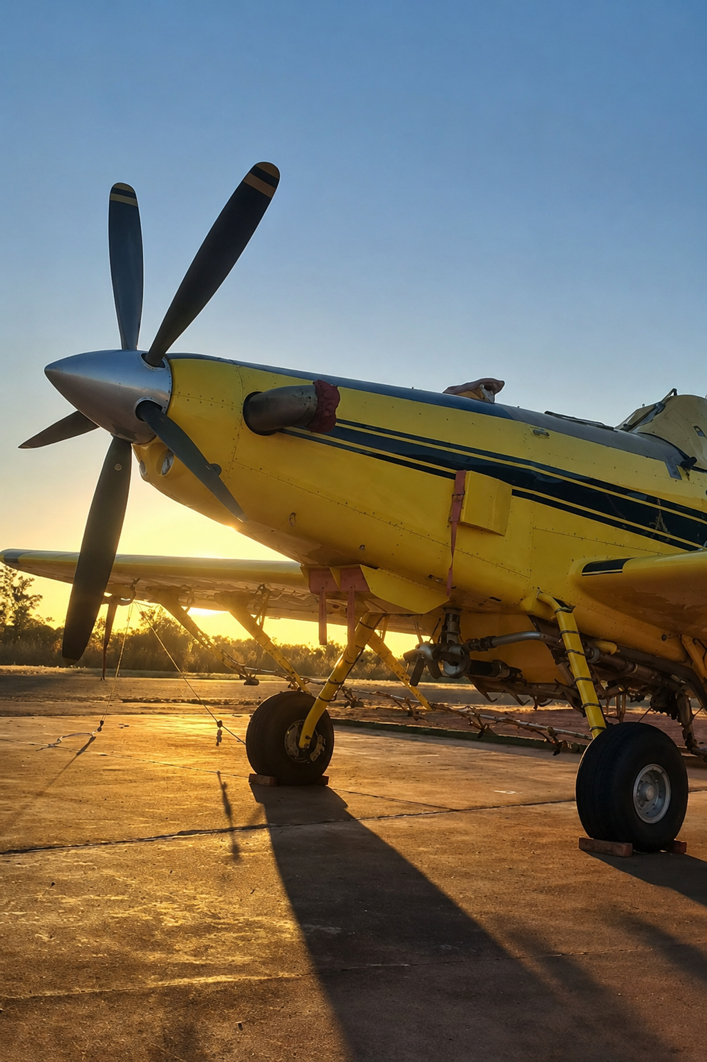 Air Tractor agrícola amarelo ao pôr do sol